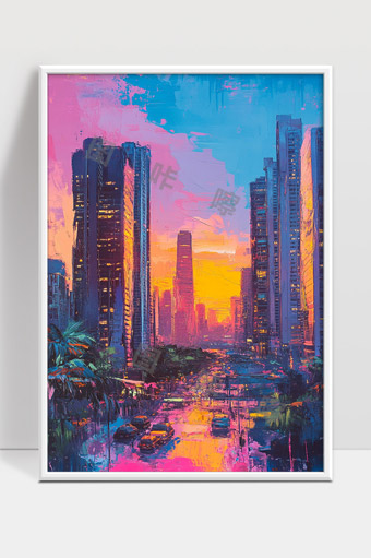 炫彩都市夕阳下繁华街道高楼林立城市风景画