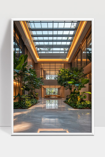 现代高档办公大楼内绿植景观宽敞明亮空间设计
