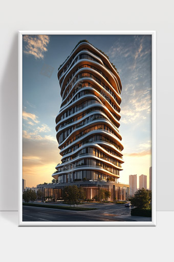 现代建筑曲线设计城市高层住宅黄昏光影效果