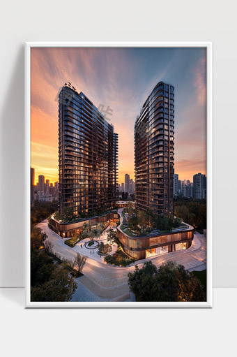 现代城市高层住宅建筑黄昏景观优雅设计