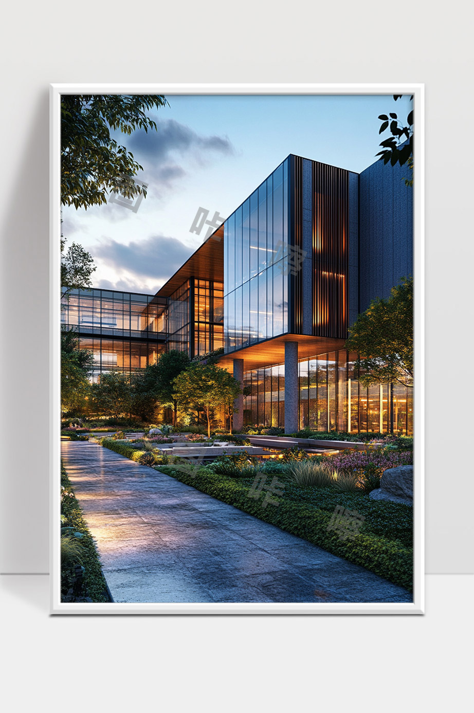 现代玻璃幕墙建筑与自然景观相融合