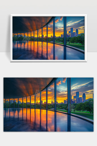 落日余晖映照现代城市公园与玻璃幕墙空间