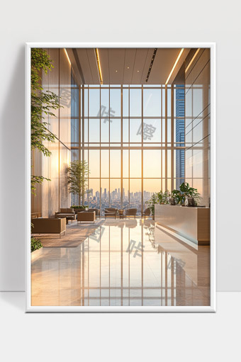 现代高层建筑玻璃幕墙大堂城市景观日落氛围设计