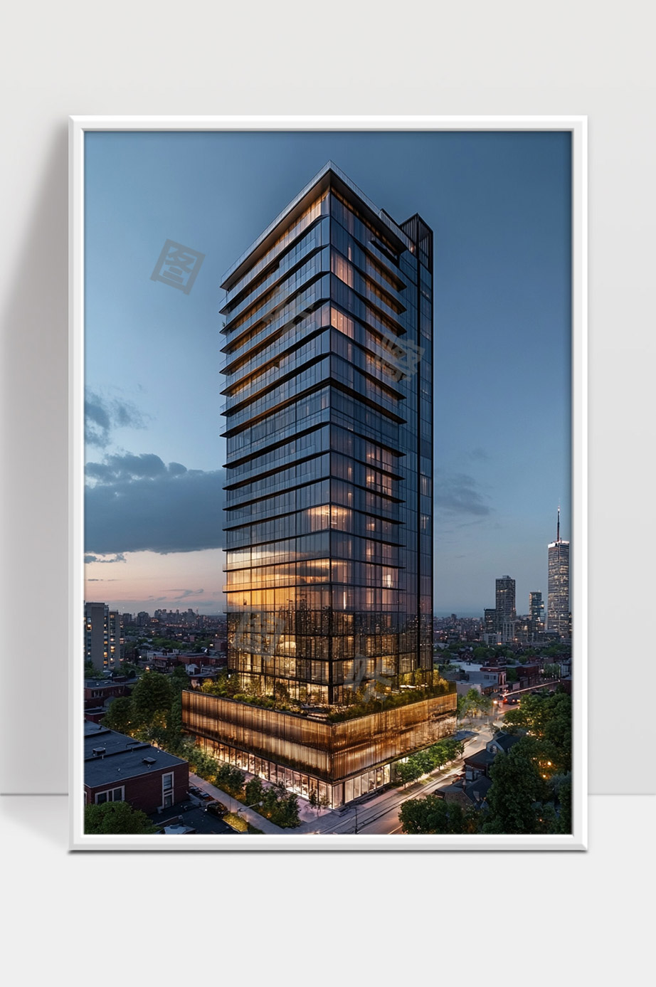 现代城市高层玻璃建筑夜景灯光璀璨都市风貌