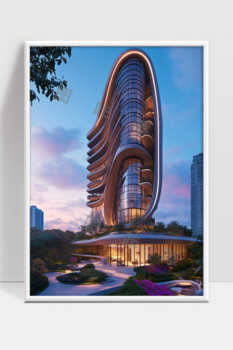 现代城市独特曲线玻璃高层建筑黄昏景观
