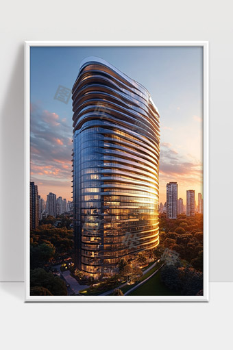 现代都市优雅曲线玻璃高层建筑黄昏美景