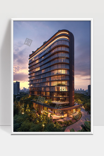 现代城市夜景中曲线玻璃幕墙高层建筑设计效果图