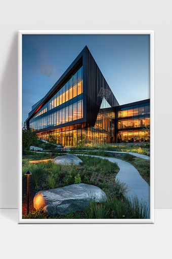 现代玻璃幕墙建筑与自然景观和谐融合美丽晚霞时分