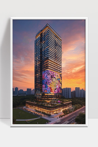 现代城市摩天大楼夕阳余晖中的艺术玻璃幕墙