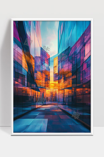 现代都市玻璃建筑夕阳余晖光影交织美丽街景