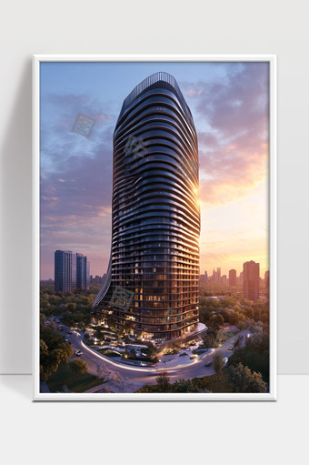 现代城市中独特曲线设计的高层住宅建筑夕阳美景