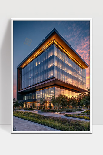 现代玻璃幕墙办公楼夕阳下的城市建筑风光