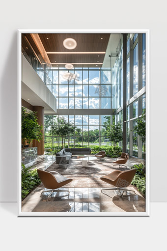 现代办公大楼宽敞明亮绿植环绕休闲区域设计