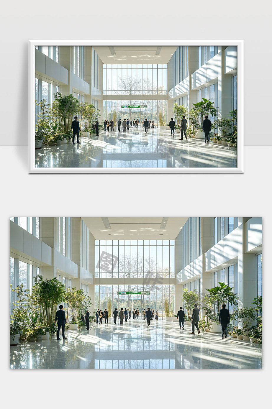 现代办公大楼宽敞明亮玻璃大厅通透设计