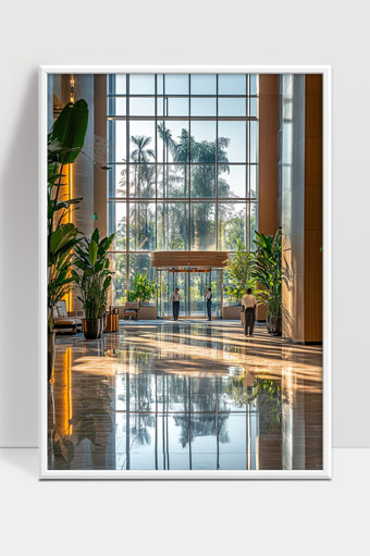 现代办公大楼宽敞明亮大堂室内绿植景观设计