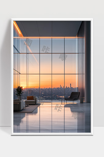 现代高层建筑落地窗内都市黄昏景观与极简风格室内空间