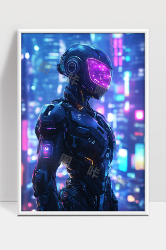 未来赛博朋克城市中的高科技智能机器人形象