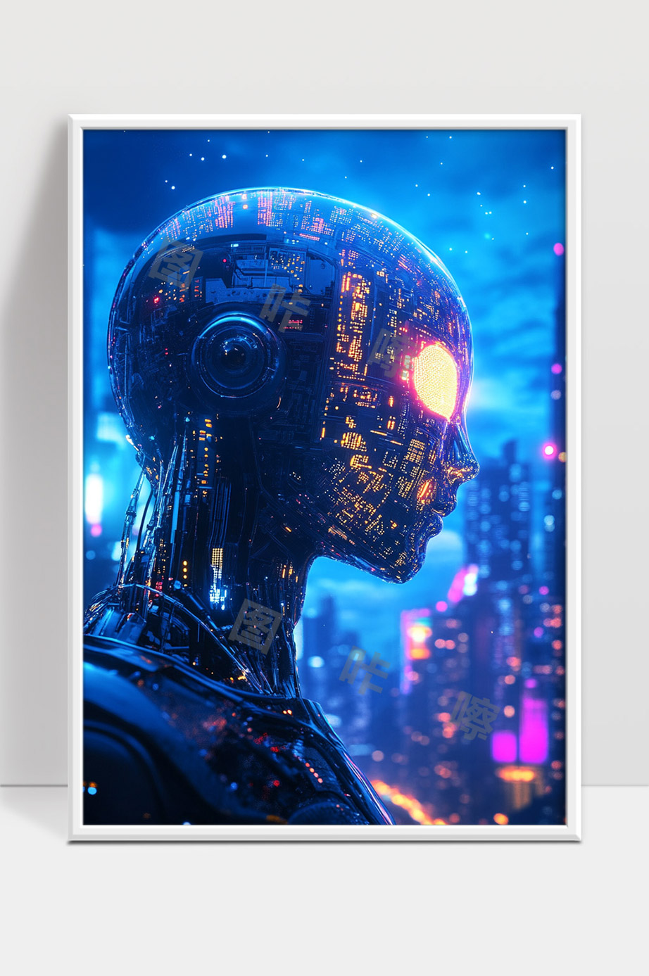 未来都市中发光眼睛的高科技智能机器人侧影