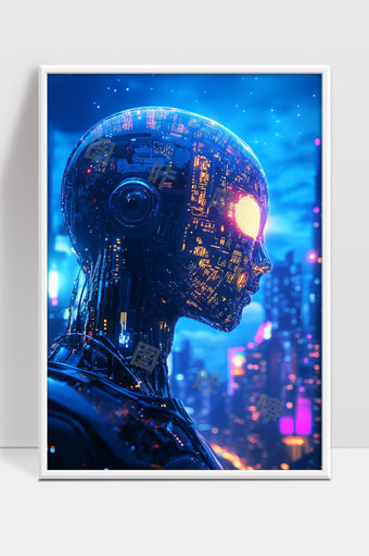 未来都市中发光眼睛的高科技智能机器人侧影