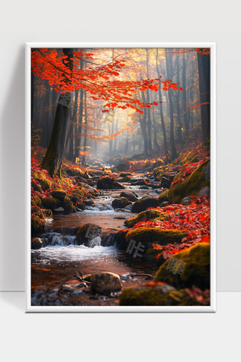 秋天森林溪流红叶环绕静谧自然风光美景