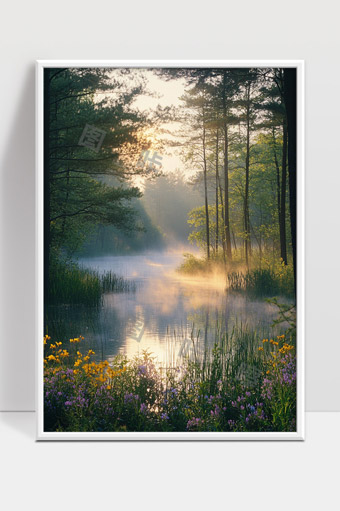 清晨阳光照耀森林河畔花草宁静自然风光