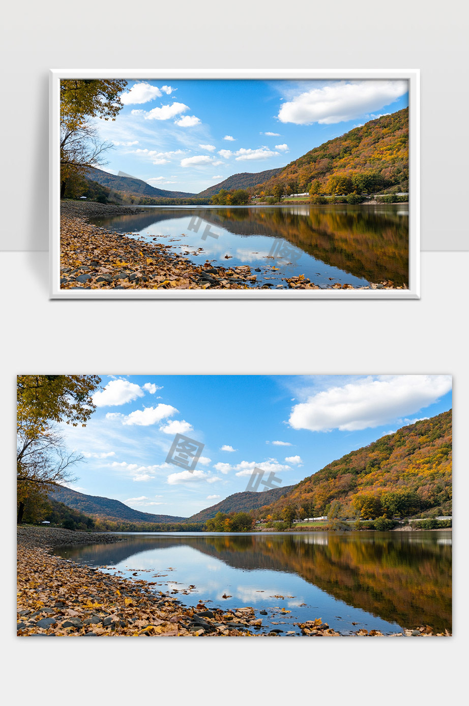 秋天山水湖泊美景落叶满地宁静自然风光