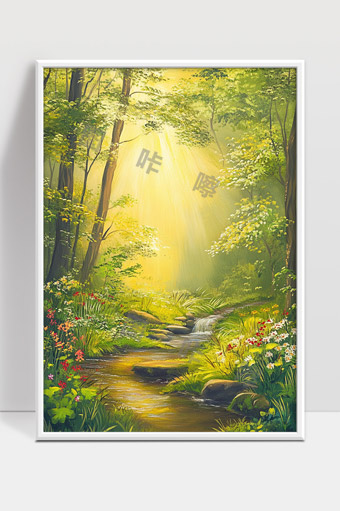 阳光穿透森林溪流花草盛开的宁静自然风光