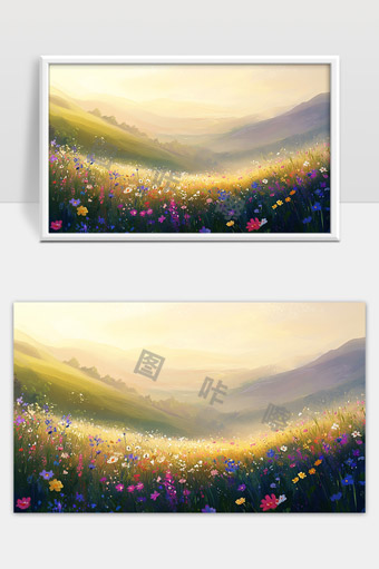 阳光照耀下的山谷野花绽放美丽风景