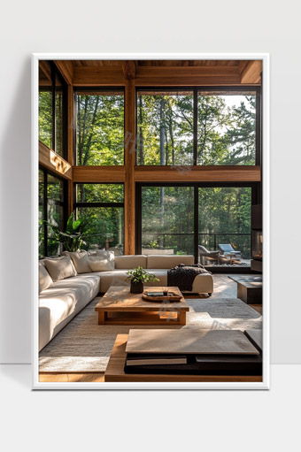 大窗户与自然景观相融合的现代木质客厅设计