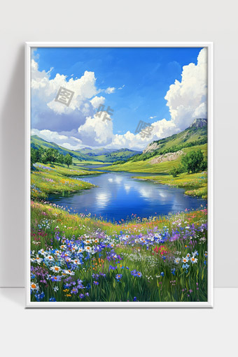 蓝天白云下的宁静花海与碧水山谷风光