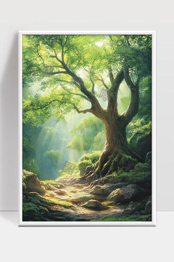 阳光洒落幽静森林中参天古树与苔藓岩石