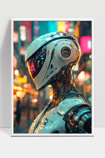 未来城市夜景中的智能机器人科技形象展示