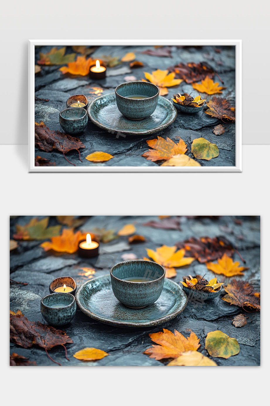 秋天落叶中的陶瓷茶具温暖安静的氛围