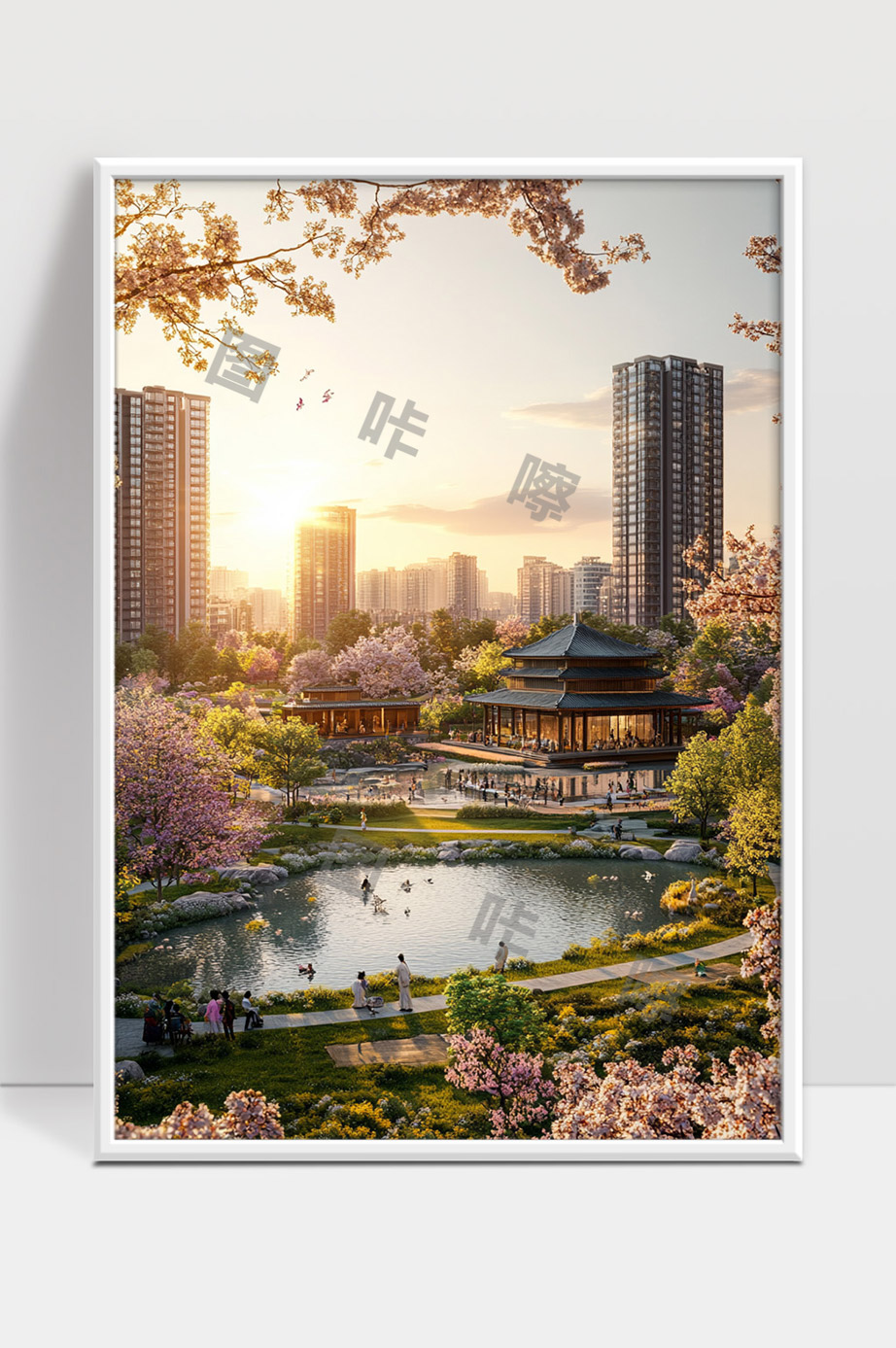 城市公园春日樱花盛开现代建筑与自然和谐共融景观
