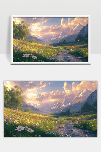 阳光照耀下的山间溪流与花海美丽风景