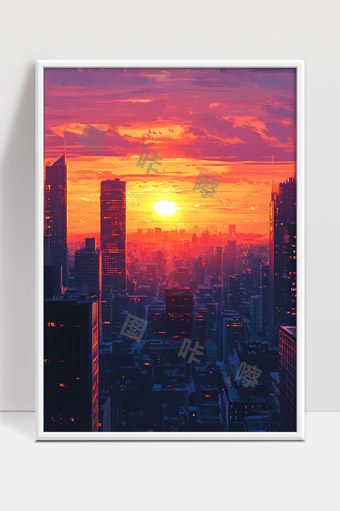 夕阳映照下的现代都市天际线风光