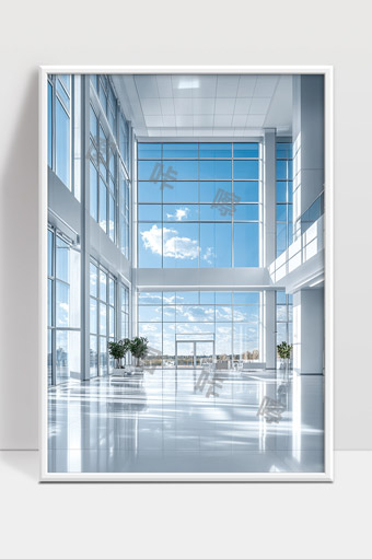 现代高层建筑宽敞明亮的商务办公大厅内部全景