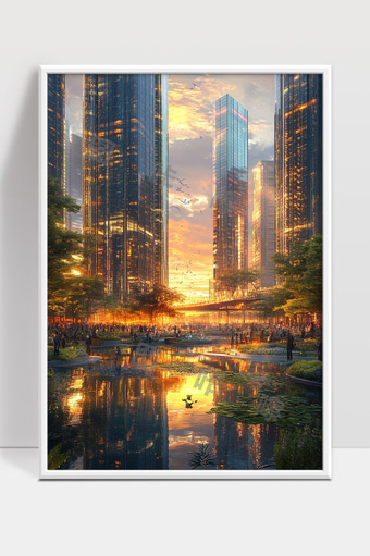 夕阳映照下城市现代高楼与自然水景交融美景