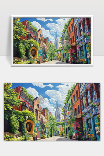 城市街道建筑涂鸦艺术与自然绿植相融合的美丽景观