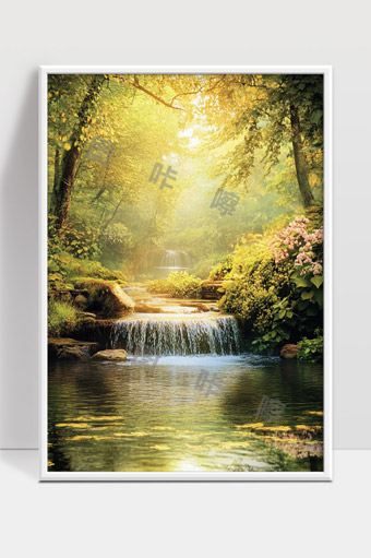 唯美自然森林清晨瀑布溪流花草景色