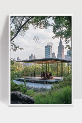 现代玻璃会议亭与城市自然景观和谐融合之美