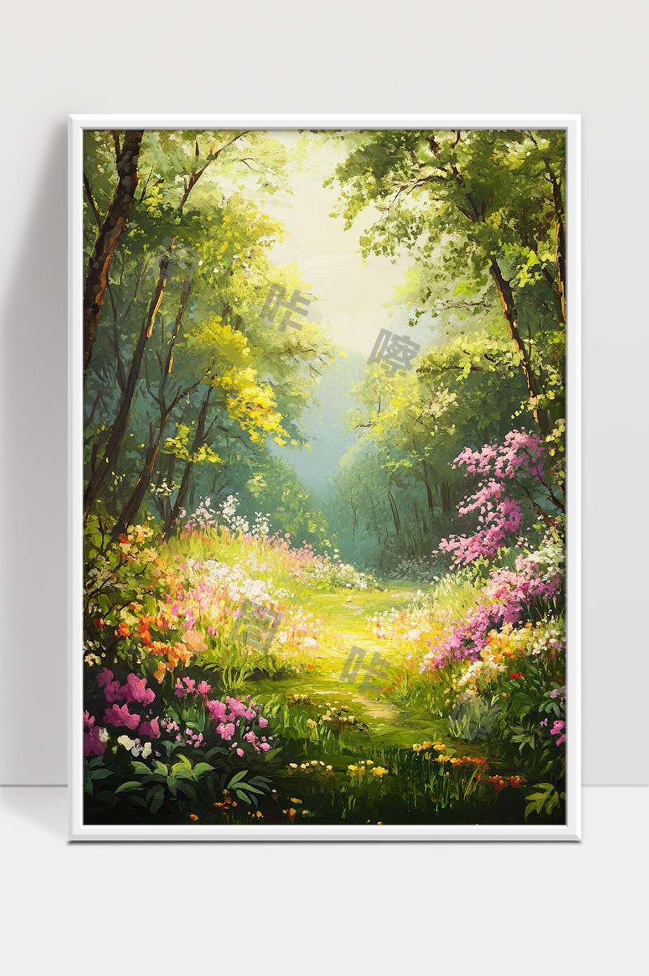 阳光穿透森林花海中宁静的小径风景