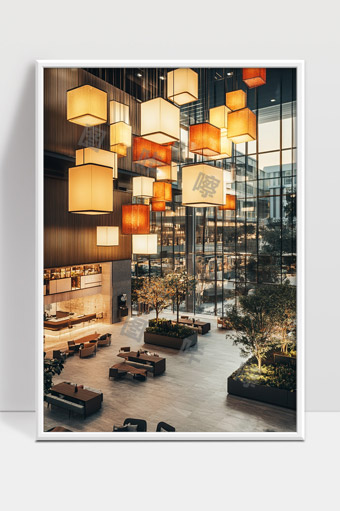 现代办公大楼宽敞明亮的中庭灯光与绿植设计