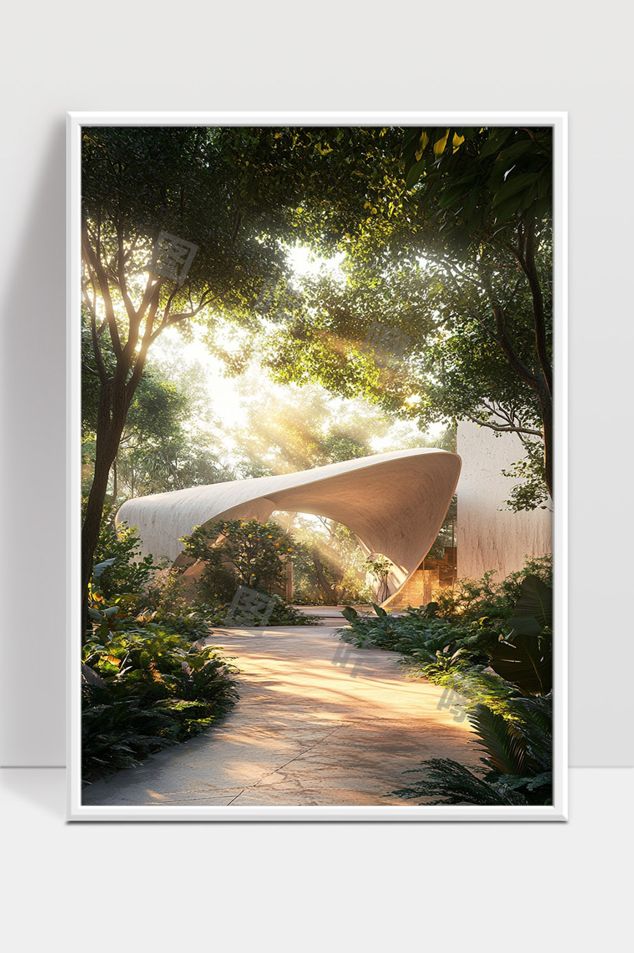森林中的现代曲线形建筑光影交织自然和谐之美