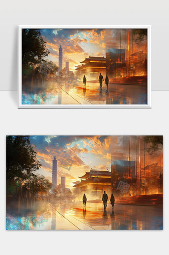 现代都市夕阳下的历史建筑与行人剪影美景