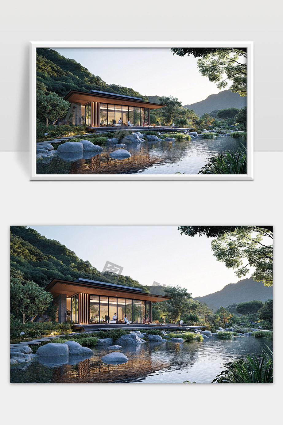 湖畔现代建筑与自然山水景观和谐共融