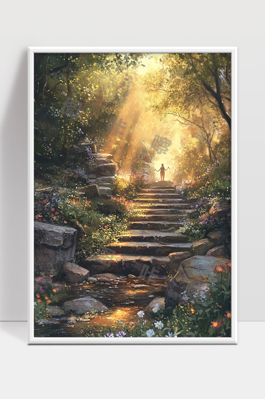 阳光穿透林间小径花海中漫步的宁静时光