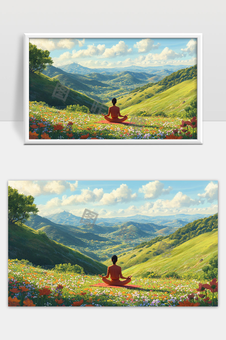 美丽山谷中的瑜伽冥想与花海之景