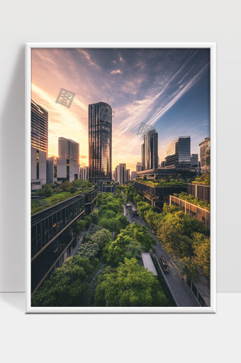 现代城市绿色生态建筑与夕阳景观融合美