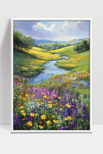 春日田野溪流绽放五彩斑斓野花美景